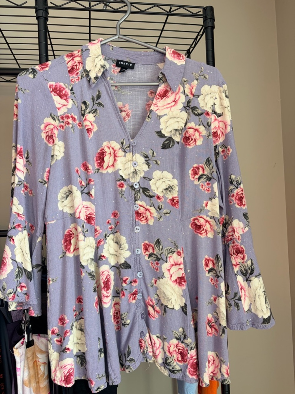 torrid Lavender Floral Button-Front Blouse with Pink & Cream Roses